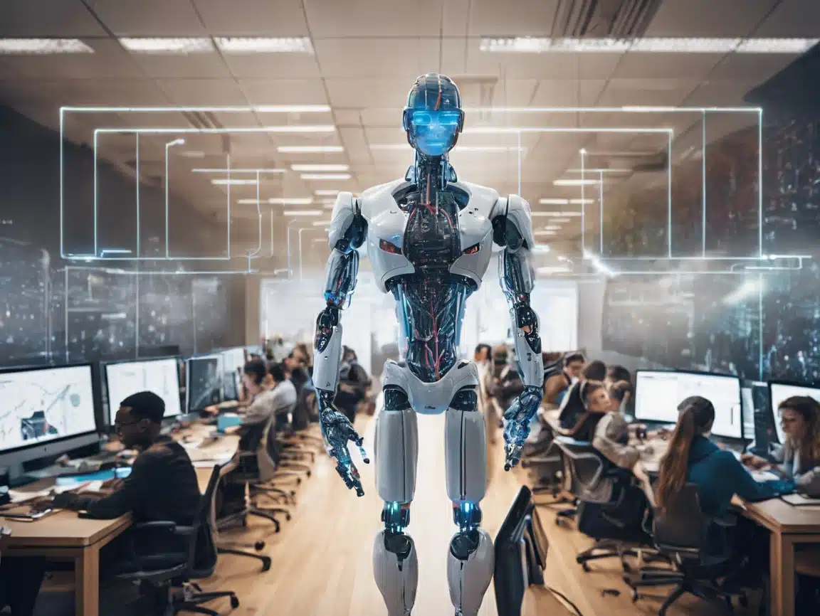 A humanoid robot with a futuristic design stands in the center of a busy office, its glowing blue lights illuminating the room. Amidst discussions on Ethicswatchnj and corruption news, the transparent panels reveal intricate internal circuitry, sparking curiosity among those working at computers.