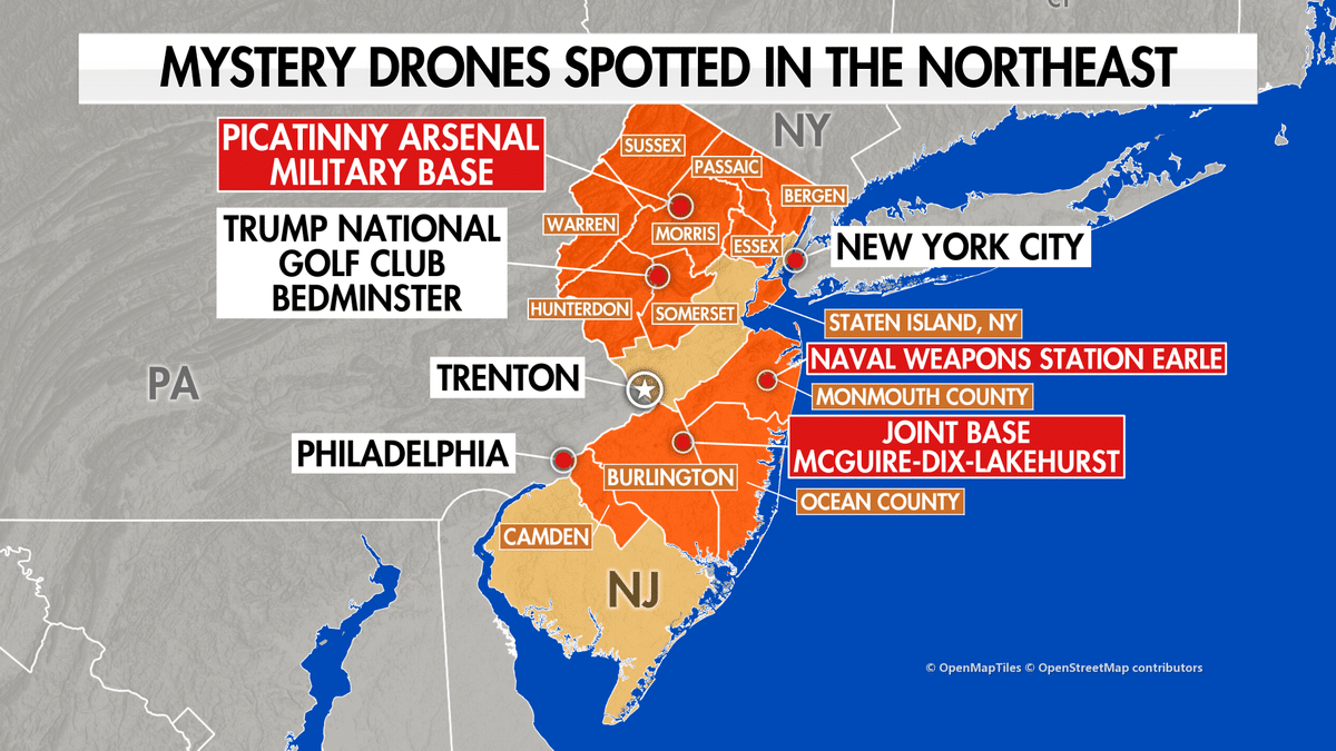 Map showing some of the places where mystery drones have been spotted in Northeastern USA in December 2024.