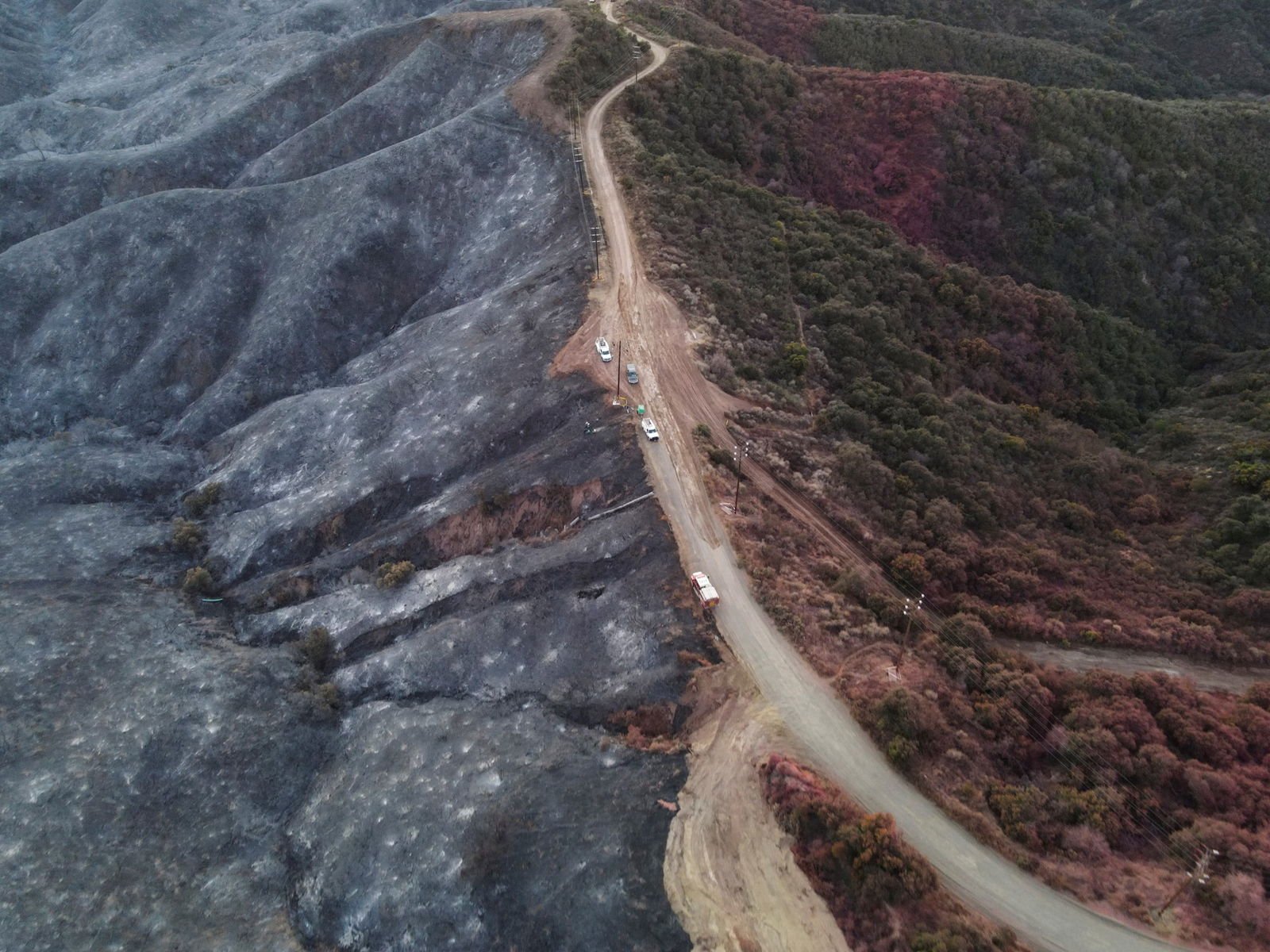 An aerial view of a road separating scorched earth from a wooded area