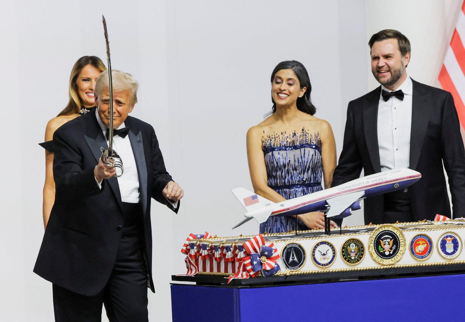 U.S. President Donald Trump, first lady Melania Trump, U.S. Vice President JD Vance and his wife Usha Vance attend the Commander in Chief Ball in honor of Trump’s inauguration in Washington, U.S., January 20, 2025. REUTERS/Daniel Cole